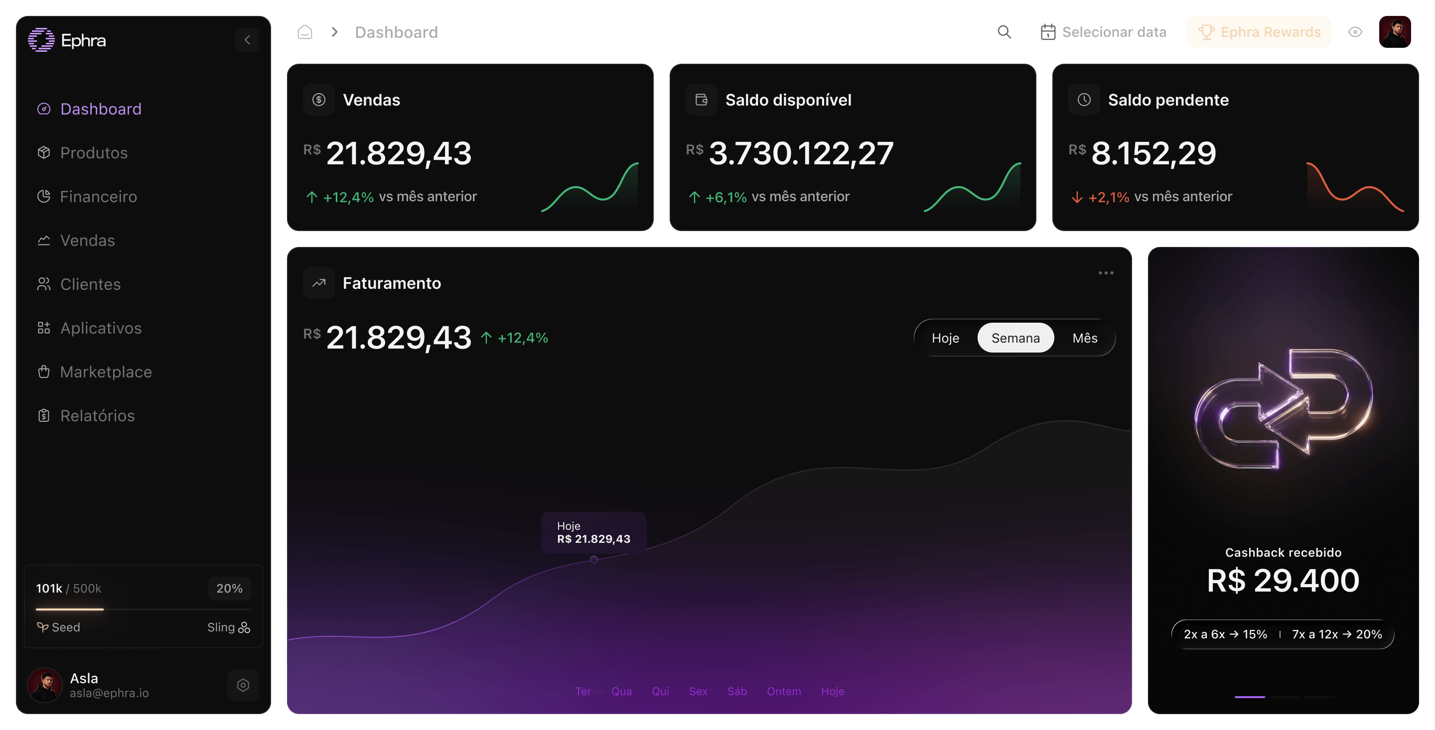 Dashboard da Ephra com vendas e faturamento (exemplo)